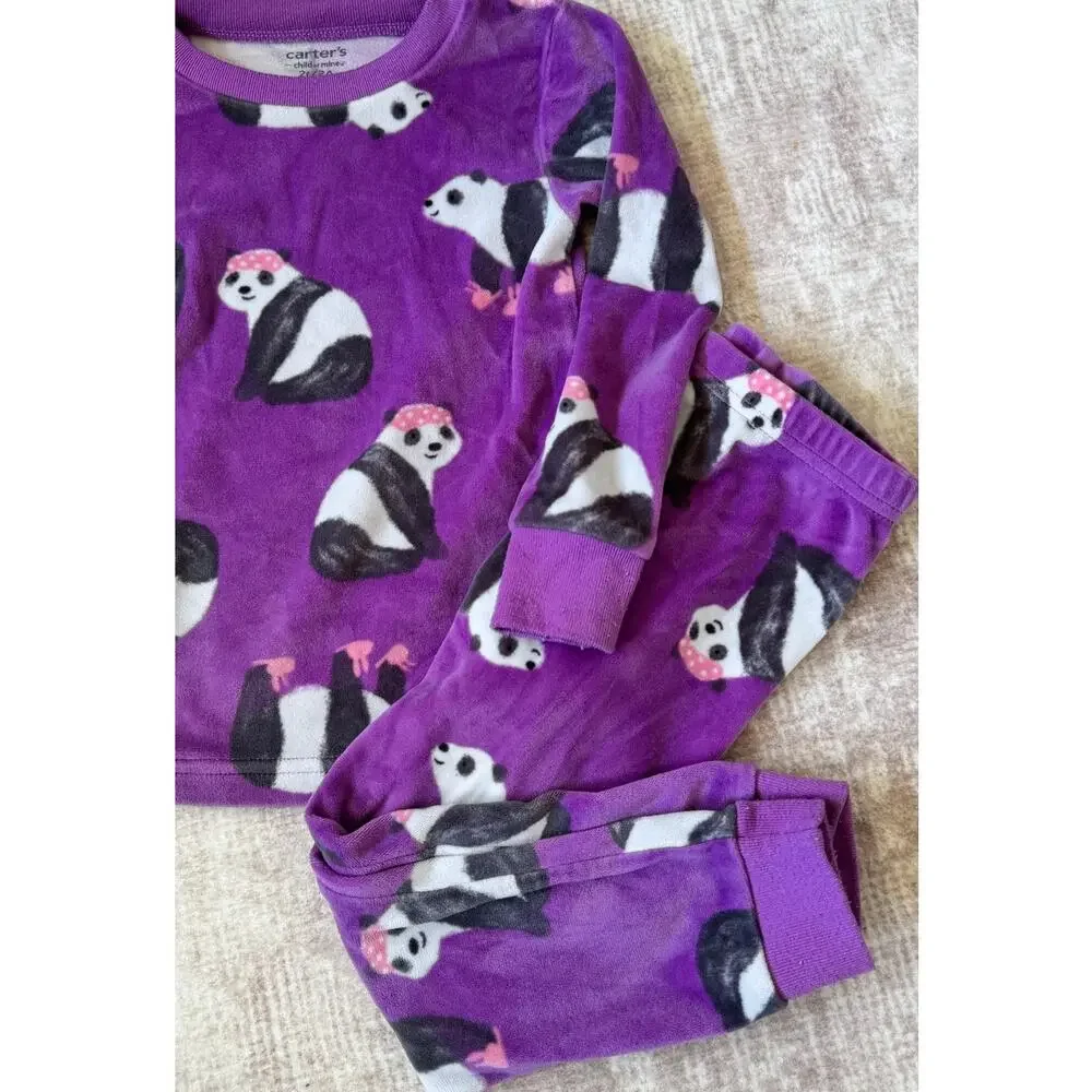 Carter's Toddler Girl 2T Fleece 2 Pc Purple Spa Panda Pajama PJ Set Sleepwear